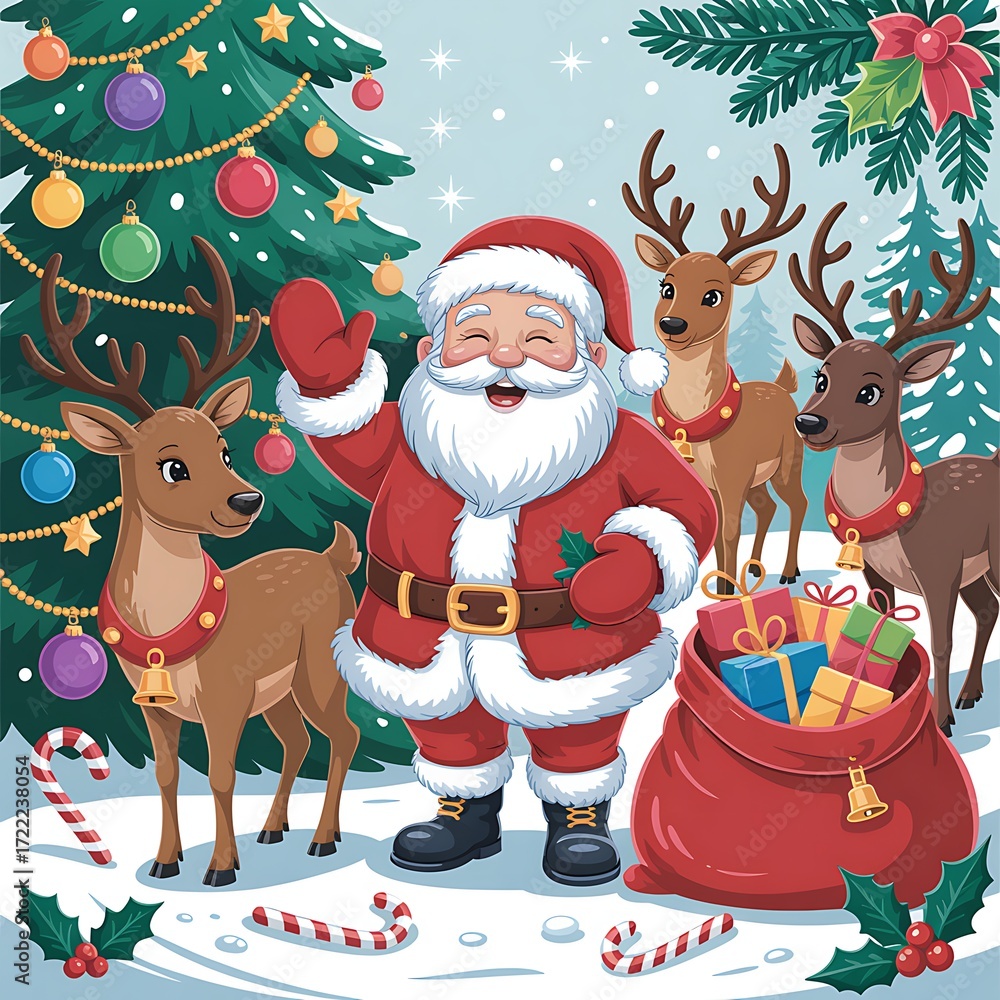 Naklejka premium Santa Claus with reindeer and Christmas tree in snowy landscape Keywords: santa claus, christmas, reindeer, santa, claus, christmas tree, gifts