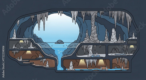 Illustration of a cross section of a cave with water stalactites and stalagmites and multiple levels
