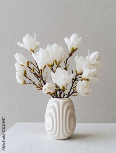 A serene arrangement of magnolia blossoms in a textured, off-white vase, against a neutral backdrop, evokes a peaceful spring ambiance.