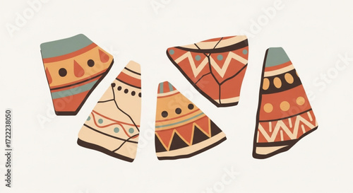 Collection of five decorative pottery shards with geometric patterns on a light background surface