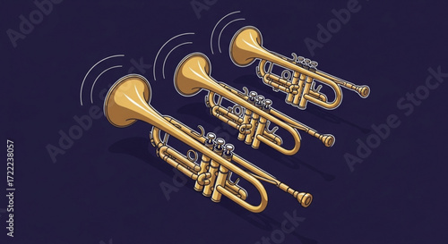 Three golden trumpets shown with sound waves on a dark blue background in a cartoon style art