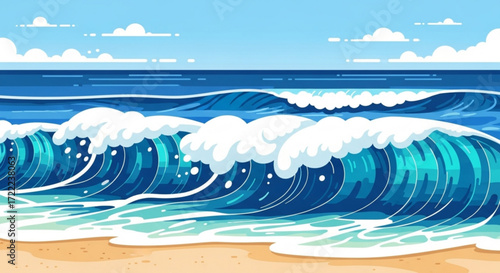 Illustration of ocean waves crashing on a sandy beach under a blue sky with scattered white clouds above