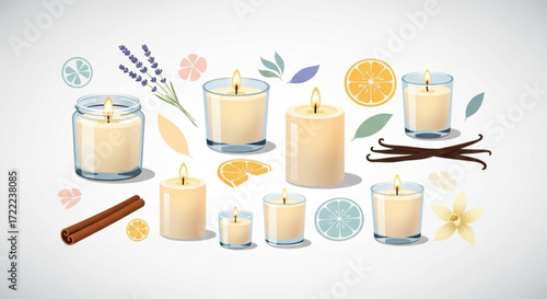 Assortment of scented candles with lavender, citrus slices, vanilla beans and cinnamon sticks