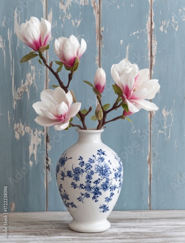 A charming decorative vase, filled with magnolia blossoms, sits on a light-colored wooden surface against a distressed light blue wooden backdrop.