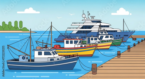 Boats docked at a wooden pier with a yacht and fishing vessels under a cloudy sky near a green shore
