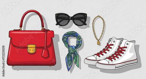 A red handbag, sunglasses, a scarf, a gold necklace, and a pair of sneakers are displayed together