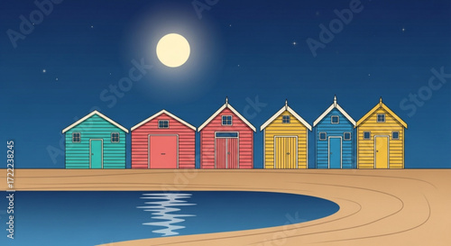 Cartoon beach huts in various colors under a night sky with a full moon and twinkling stars above the ocean
