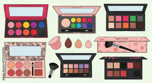Assortment of colorful eyeshadow palettes and makeup applicators displayed in an organized manner