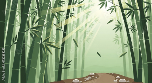 Illustration of a bamboo forest with sunlight streaming through the trees and a path with stones