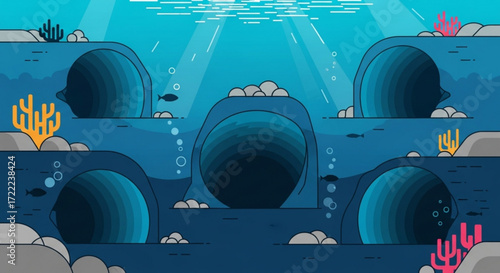 Underwater scene featuring coral reefs rock formations fish and sunlight filtering through the water surface