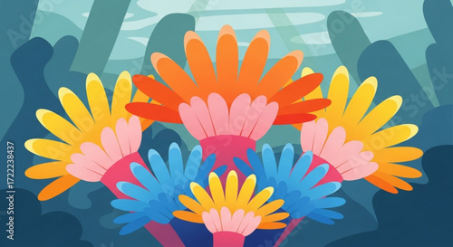 Illustration of vibrant anemones in shades of yellow orange pink and blue underwater scene with coral reef