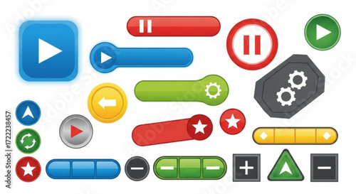 A collection of colorful user interface buttons with various symbols and shapes displayed clearly