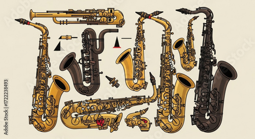 A collection of various saxophones and a trumpet displayed on a light beige colored background design