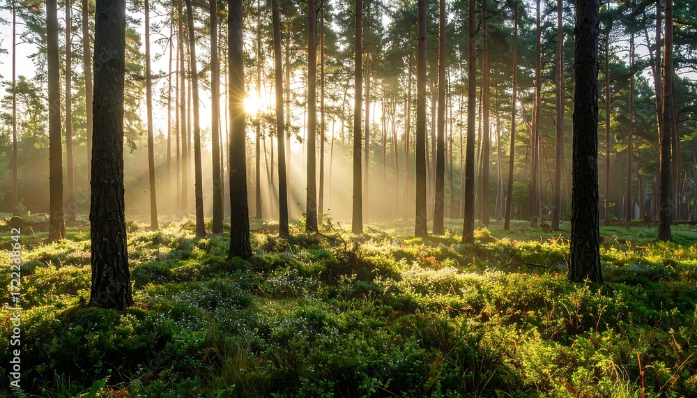 Fototapeta premium Sunlight streams through a misty pine forest