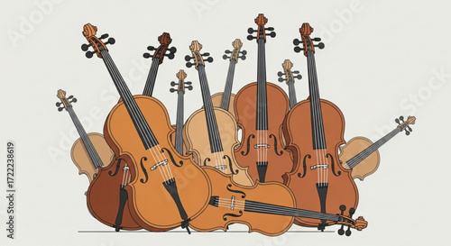 A group of string instruments including cellos and violins arranged together in a cluster format art