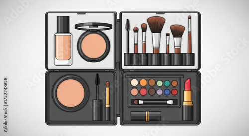 Illustration of an opened makeup kit with brushes eyeshadow foundation and lipstick on a white background