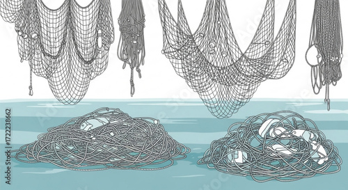Illustration of multiple fishing nets hanging and piled on a light blue surface with white objects