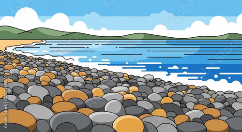 A cartoon style illustration of a rocky beach with a calm ocean and mountains in the background scene view