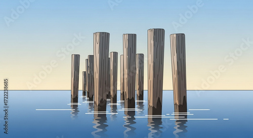 Wooden posts standing in water reflecting the sky in a serene landscape illustration style scene