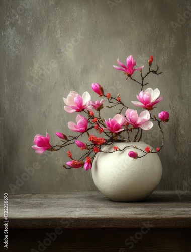 A delicate arrangement of pink and white magnolia blossoms in a simple, round, off-white vase sits on a weathered wooden surface against a muted gray backdrop.
