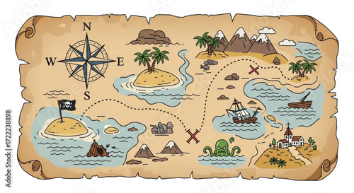 Illustration of a pirate treasure map featuring islands, ships, compass, and other nautical elements