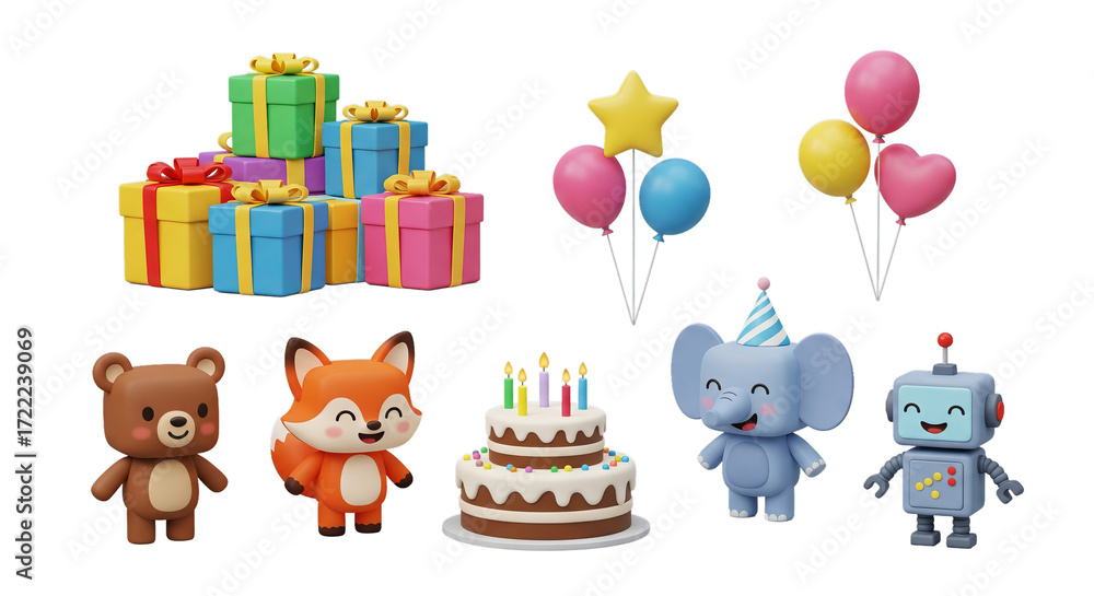 Obraz premium A delightful collection of 3D birthday party clip art for a joyful children's celebration isolated on a transparent background