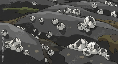 Illustration of barnacles attached to rocks with mossy patches in a coastal environment scene