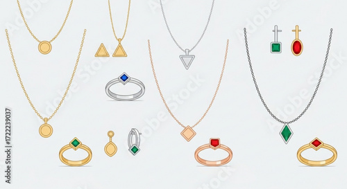 Display of various necklaces earrings and rings in different colors and geometric shapes on a white backdrop