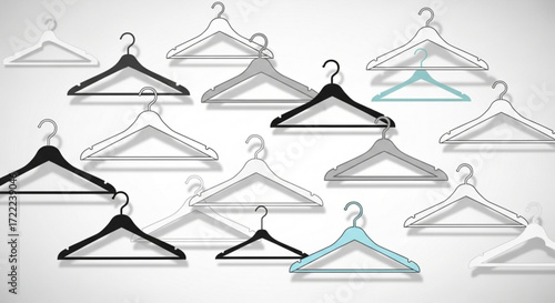 Assorted clothes hangers in black white gray and blue colors arranged on a white background surface