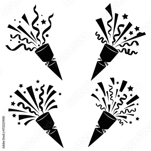 Vector art of collection of party popper icons, representing celebration, event, surprise, and festive atmosphere with streamers