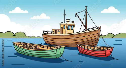 Illustration of a fishing boat with two rowboats floating on the water under a cloudy blue sky
