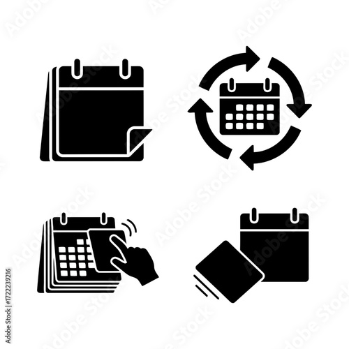 Vector art of calendar pages black glyph icons set date change, update, cancel event time management silhouette symbols on white space