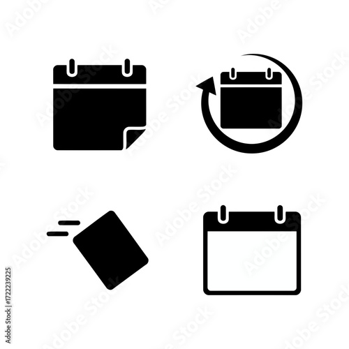 Vector art of calendar pages black glyph icons set date change, update, cancel event time management silhouette symbols on white space