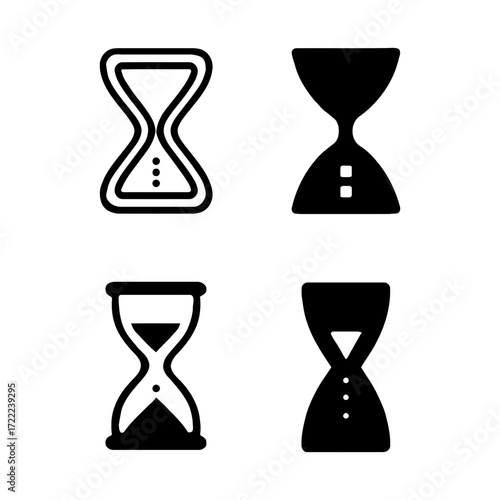 Vector art of collection of hourglass icons in various styles, representing time, deadline, or the passage of time