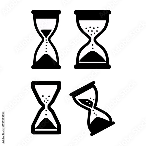 Vector art of four hourglasses showing the passage of time, representing deadlines, countdowns, and time management