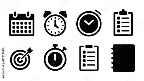 Time and productivity icons: calendar, clock, stopwatch, checklist, target, planner
