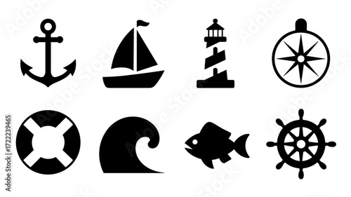 Nautical icons: anchor, sailboat, lighthouse, compass, wave, fish, lifesaver, helm
