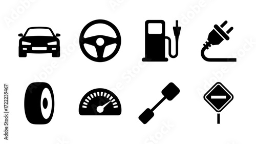 Car and transportation icons: vehicle, steering wheel, fuel pump, tire, speedometer, road sign

