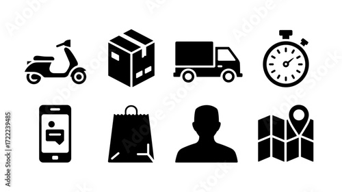 Collection of delivery vector icons. Includes transportation methods, time, user interaction, navigation, and items for sale represented as a package and a bag.