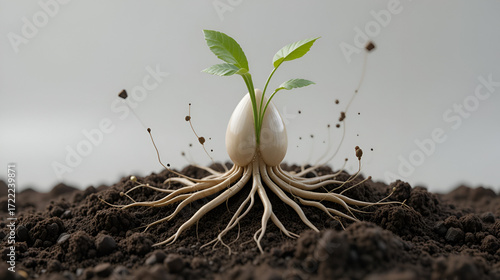 A captivating 3D model of a seed nestled in fertile soil with roots starting to develop, representing the potential for growth  ,3D style