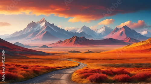 desecrated fantasy landscape with wide open land and a vast fiery mountain range, vivid colors, 8k, diffused soft lighting, sharp focus, hyperrealism, created with