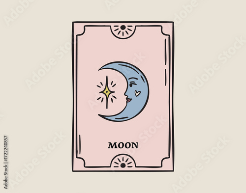 Tarot card moon with smiling face, dreamy celestial arcana, hand drawn