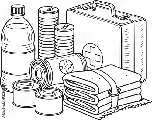 Disaster relief supplies for Hurricane Flood Earthquake Hand-drawn Vector Illustration, Sketch Drawing Doodle Line Linear Symbol Icon Engraving Coloring Book, Black and White Isolated