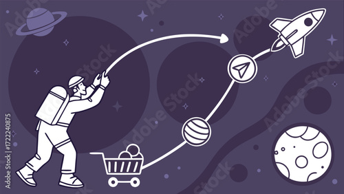 Astronaut guiding rocket through space with shopping cart planets