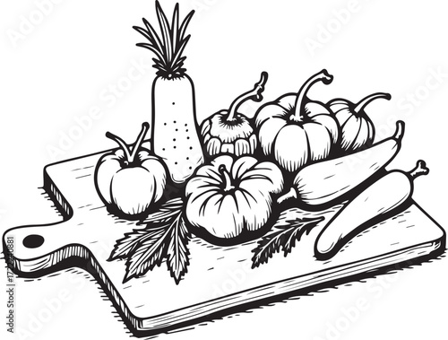Vegetables on Cutting Board Vegan Vegetarian Ingredients Hand-drawn Vector Illustration, Sketch Drawing Doodle Line Linear Symbol Icon Engraving Coloring Book, Black and White Isolated