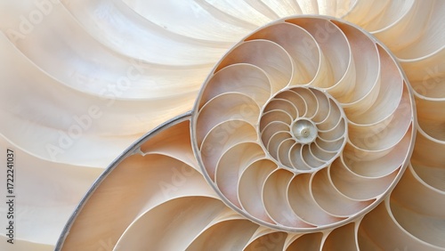 Macro view of seashell patterns transforming into geometric spirals, pastel tones, modern minimalist wallpaper aesthetic