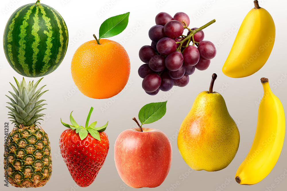 Obraz premium Colorful Assorted Fruits Collection on Gradient Background – Watermelon, Banana, Pineapple, Grapes, Apple, Pear, Orange, Strawberry