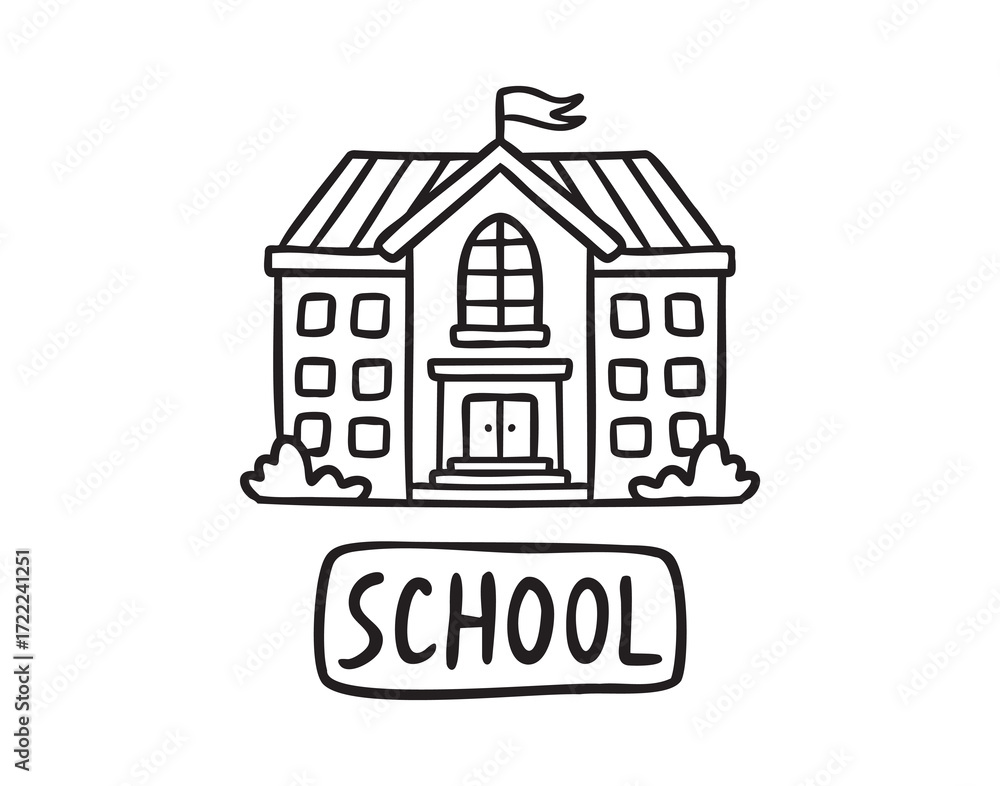 Fototapeta premium School building with title, planner sticker, line art school doodle, outline contour, monochrome, hand drawn