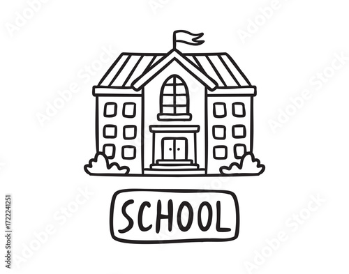School building with title, planner sticker, line art school doodle, outline contour, monochrome, hand drawn