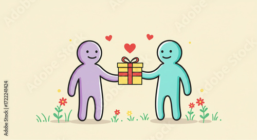 Two friends exchanging a gift with hearts and flowers, symbolizing friendship and love
